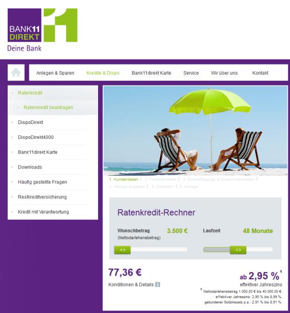 Bank11direkt Ratenkredit online (Screenshot 16.11.15)