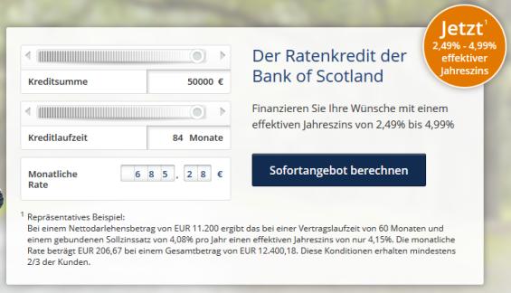 Ratenkredit berechnen: Im Kreditrechner der Bank of Scotland lässt sich als maximale Darlehenssumme ein Betrag über 50.000 EUR mit einer Laufzeit von 7 Jahren / 84 Monaten einstellen (Screenshot 26.11.2015)