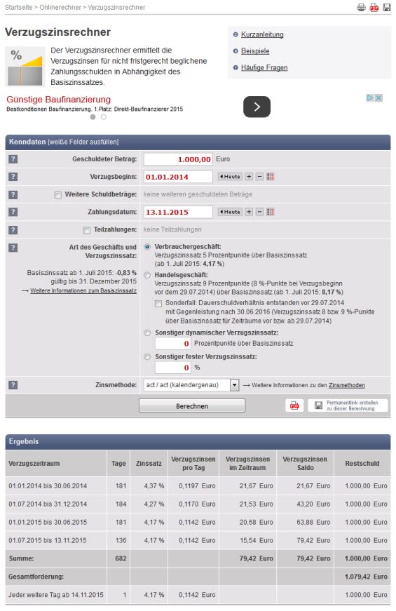 Verzugszinsrechner bei zinsen-berechnen.de