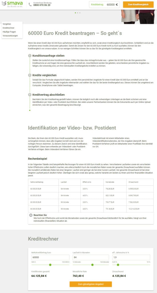 Die Kreditplattform Smava ermöglicht einen Kreditvergleich auch für Kredite mit 60.000 EUR Darlehenssumme (Screenshot smava.de/kredit/60000-euro-kredit/ vom 28.01.2019)