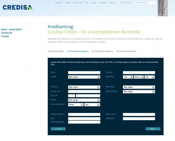 CREDISA Kreditantrag (Screenshot credisa.ch am 12.03.2013)