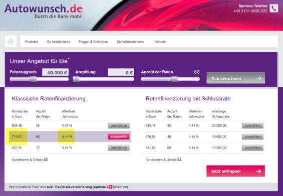 Autofinanzierung Vergleich: In unserem Vergleichstest war das Autokredit-Angebot von Autowunsch.de / Bank11 relativ teuer, wenngleich aber auch am flexibelsten gestaltbar mit und ohne Anzahlungen und mit und ohne Schlussrate (Screenshot autowunsch.de am 03.11.2017)