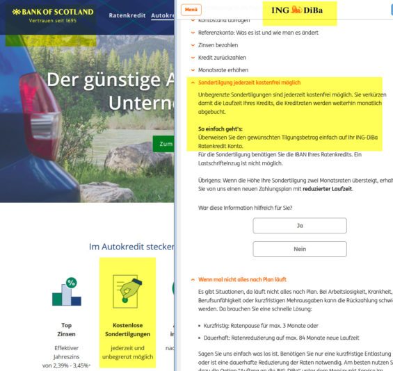 Autokredit Sondertilgung: ING DiBa und Bank of Scotland ermöglichen jederzeit kostenlose Sondertilgungen der Autofinanzierung