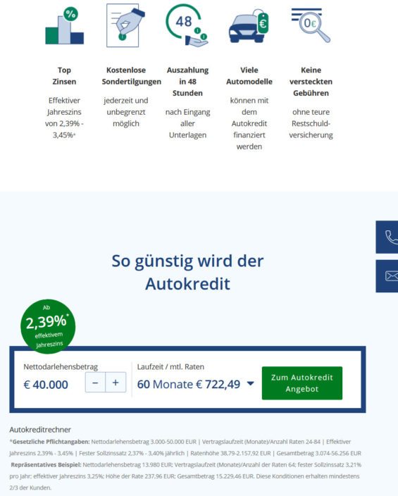 Autokredite Vergleich: Bank of Scotland Autokredit mit bonitätsabhängigen Konditionen zwischen 2,39% und 3,45% effektiv p.a. (Screenshot www.bankofscotland.de/autokredit/ am 03.11.2017)