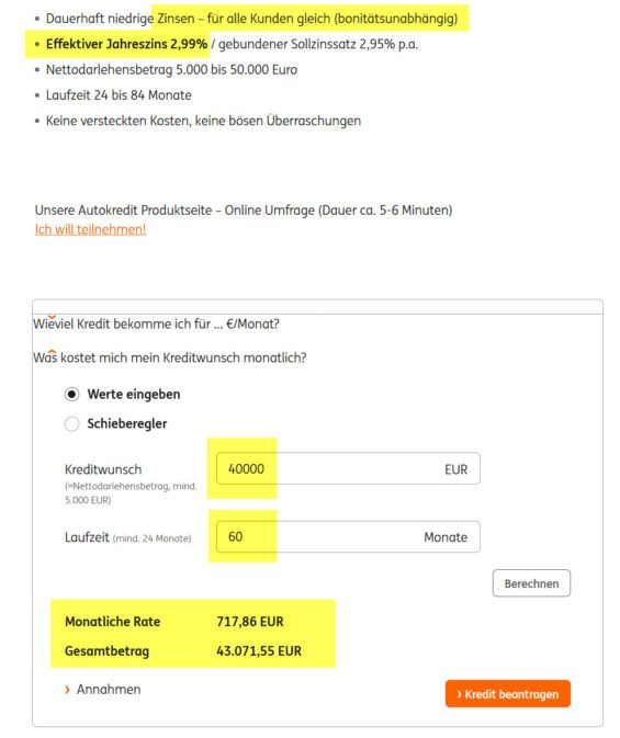 Autokredite im Vergleich: hier ein Angebot für einen ING DiBa Autokredit i.H.v. 40.000 EUR für 5 Jahre Laufzeit (Screenshot https://www.ing-diba.de/kredit/autokredit/ am 03.11.2017)