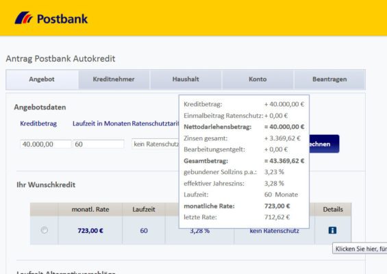 Autokredite Vergleich: Postbank Autokredit Beispielangebot auf Basis unserer Testvorgaben (Screenshot postbank.de am 03.11.2017)