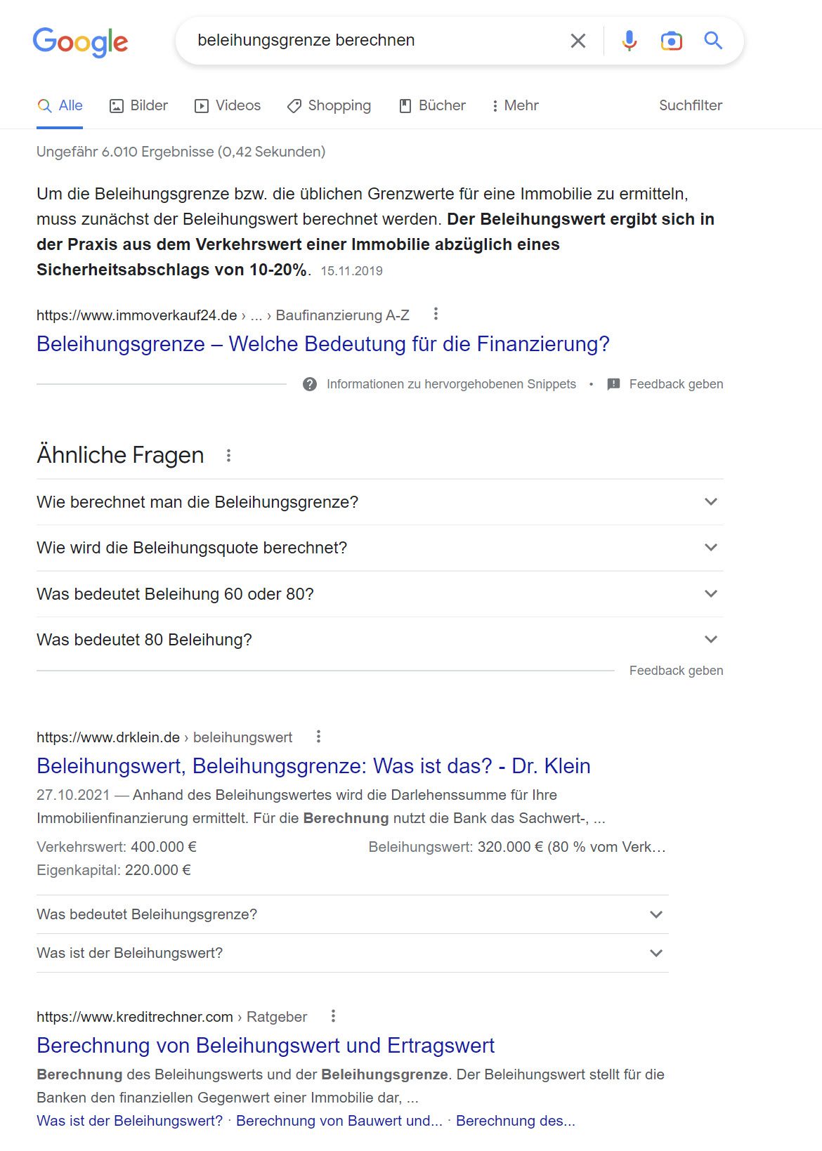 Beleihungsgrenze berechnen - die Google Suchergebnisse liefern verschiedene Definitionen, Beispiele und Rechner