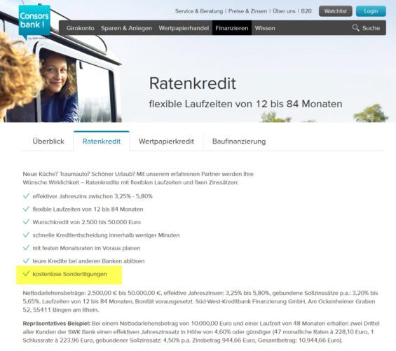 Punktgewinn im Kreditvergleich: Das Ratenkredit-Angebot der Consorsbank (SWK) erlaubt jederzeit KOSTENLOSE Sondertilgungen; das bietet der Netbank Ratenkredit nicht (Screenshot https://www.consorsbank.de/ev/Finanzieren/-/Ratenkredit am 09.01.2017)