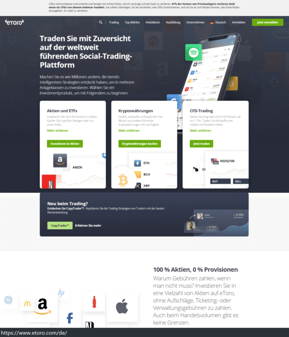 eToro – eine Plattform zum Kauf von Aktien, Bitcoin, CFDs - Screenshot etoro.com/de/ am 18.05.2021