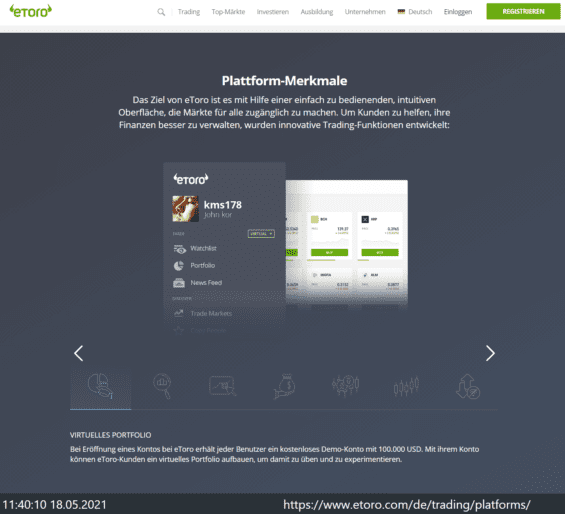 Virtuelles Portfolio (Demodepot) bei eToro möglich - so lässt sich der Handel mit Aktien, Crypto-Währungen und CFDs auf der Plattform erst mal "üben"