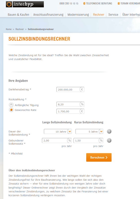 Sollzinsbindungsrechner von Interhyp