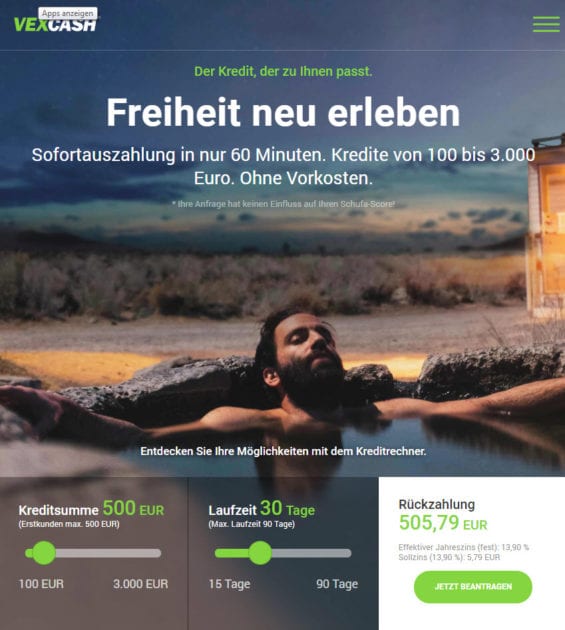 Kurzfristiger Kleinkredit: 500 EUR leihen für 30 Tage kostet nur 5,79 EUR Zinsen (Screenshot vexcash.com am 23.04.2019)