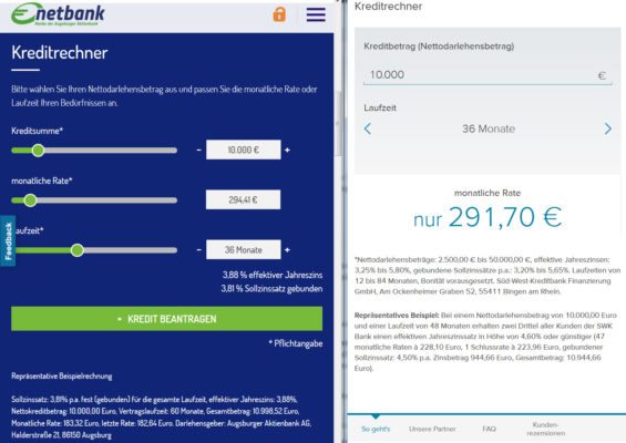 Kreditvergleich: Ratenkredite von Netbank vs Consorsbank (Screenshot 09.01.2017)