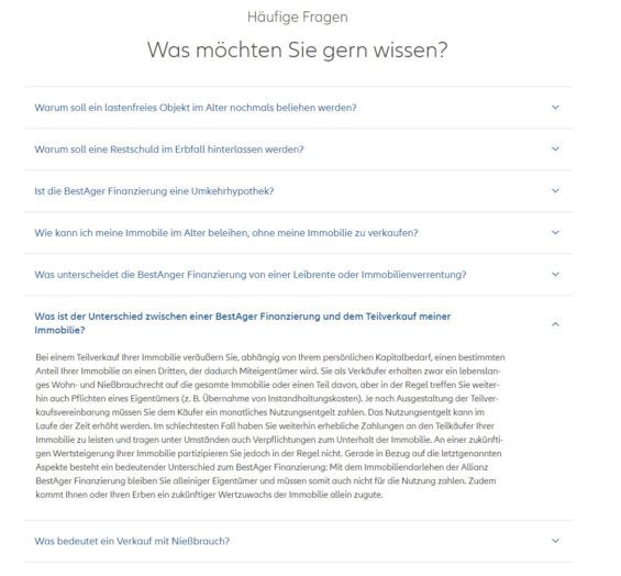 Was ist der Unterschied zwischen einer BestAger Finanzierung und dem Teilverkauf meiner Immobilie? - Die Website der Allianz erläutert wichtige Unterscheidungsmerkmale in ihrer FAQ (Screenshot allianz.de/recht-und-eigentum/baufinanzierung/bestagerfinanzierung/ am 24.01.2022)